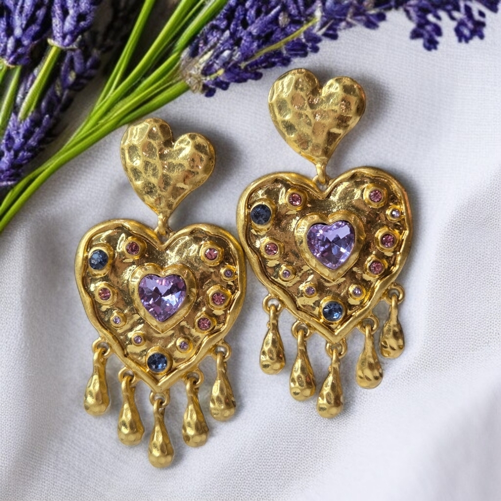 Romantic Chunky Gold Plated Heart Amethyst Rose Crystal Dangle Earrings